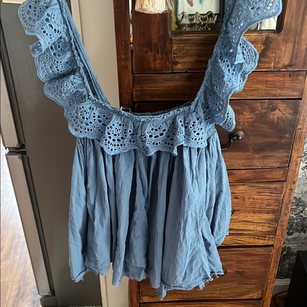 Free People Blue Ruffled Smocked Blouse